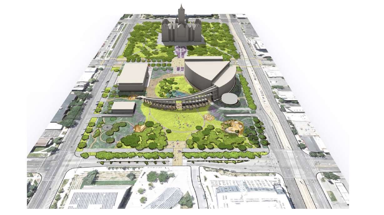 A rendering of Salt Lake City's "civic center," which transforms the plaza outside the Salt Lake Main Library. The city released its vision plan for the project on Tuesday, as it seeks to move forward with the plan.