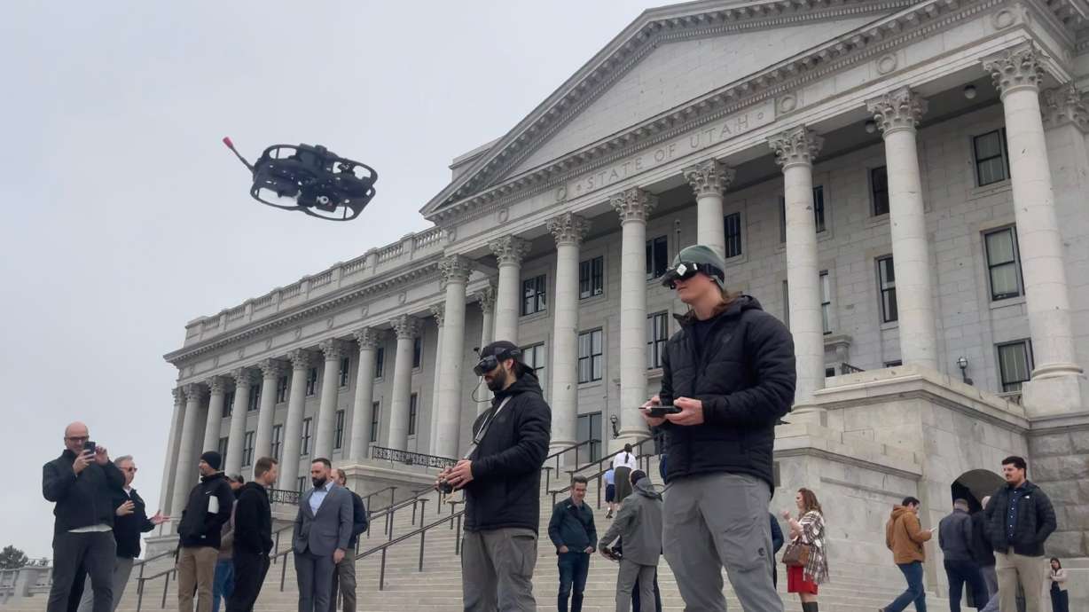 Vector Defense drone pilots operate a pair of the company's "Dagger" drones during 47G's aerospace and defense showcase at the Utah State Capitol on Wednesday.