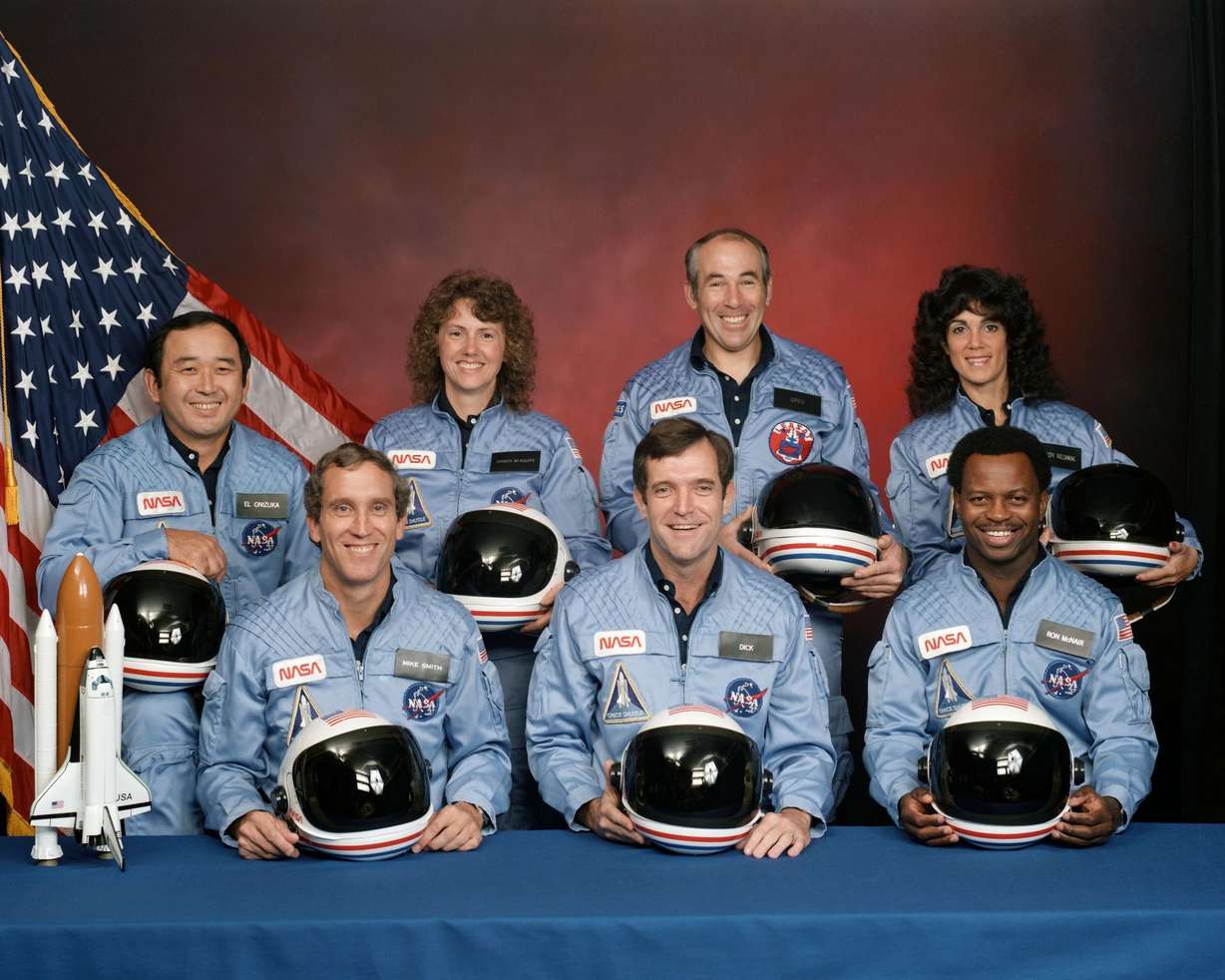 Challenger crew members Michael J. Smith, Francis R. "Dick" Scobee, Ronald E. McNair, Ellison S. Onizuka, Sharon Christa McAuliffe, Gregory Jarvis and Judith A. Resnik in December 1985. Wednesday marked the 40th anniversary of the disaster that claimed the lives of the crew.