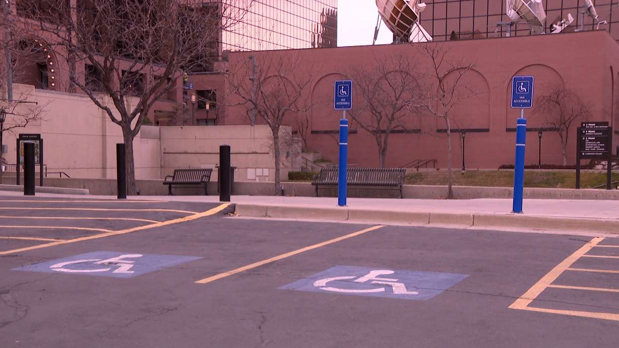 Parking spots reserved for people with disabilities are pictured in Salt Lake City on Wednesday. Lawmakers and advocates expressed concern over Rep. Trevor Lee's proposed bill to allow pregnant women to use disabled spaces.