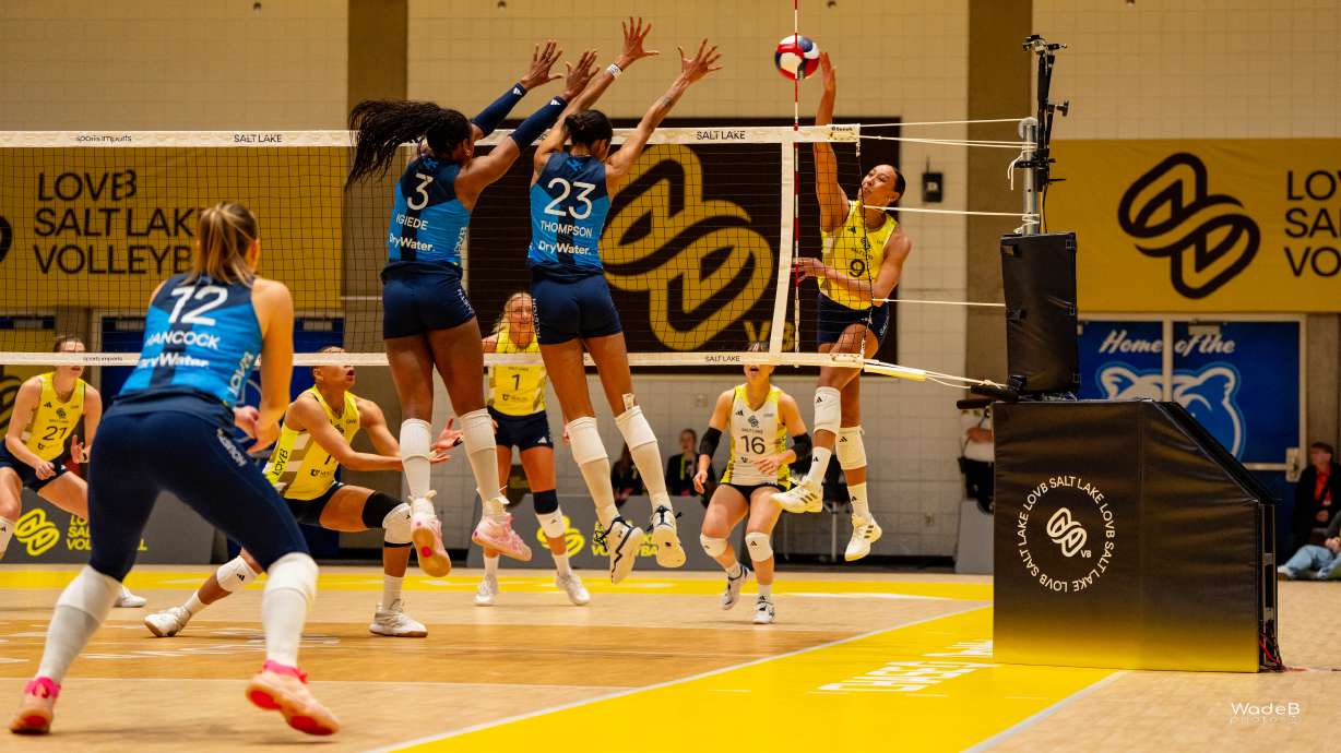 Former BYU outside hitter Alexa Gray spikes the ball during a League One Volleyball match, Thursday, Jan. 22, 2026 against LOVB Houston at SLCC's Bruin Arena in Taylorsville.