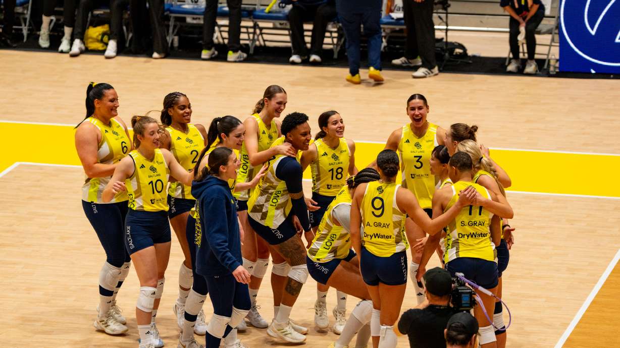LOVB Salt Lake celebrates a win during a League One Volleyball match, Thursday, Jan. 22, 2026 against LOVB Houston at SLCC's Bruin Arena in Taylorsville.