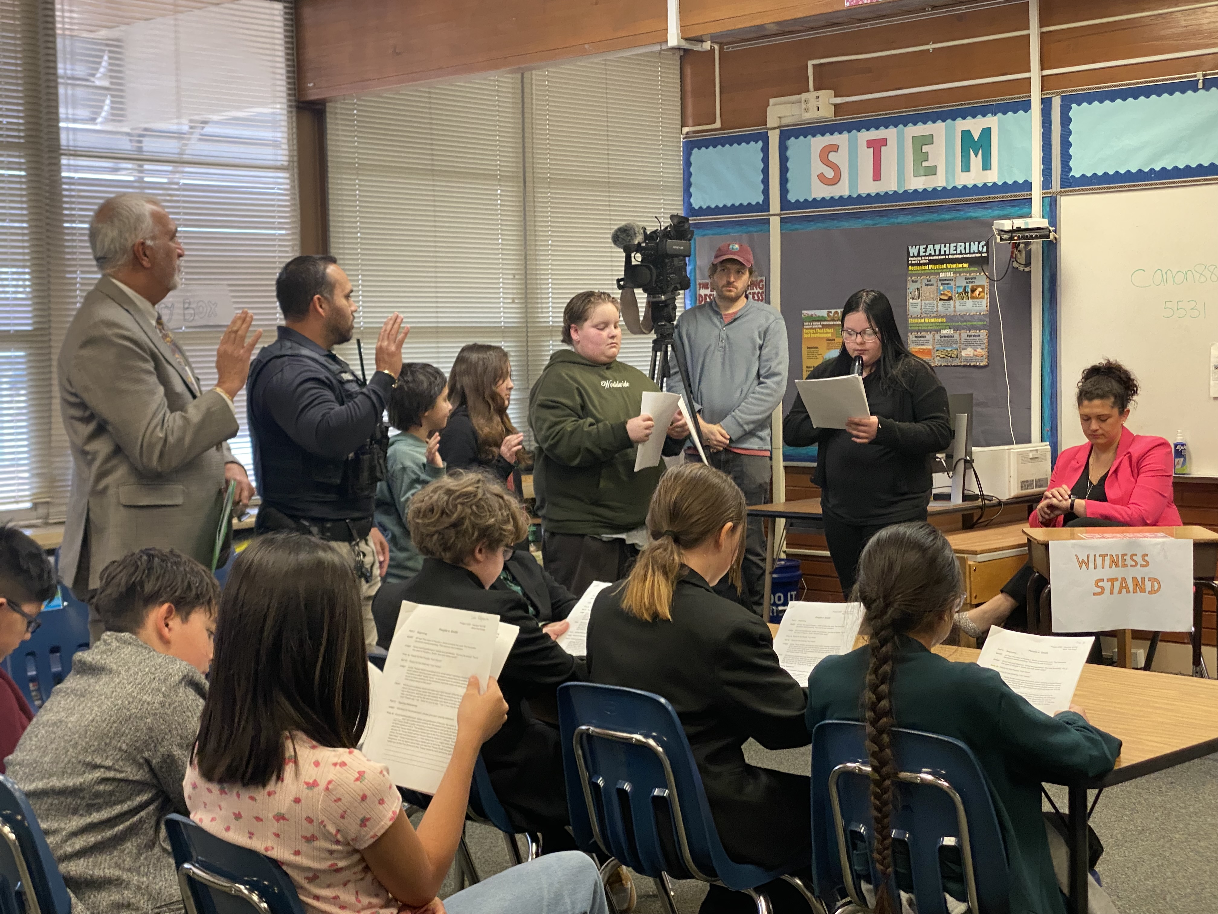 Fifth-grade students from David Gourley Elementary School in Kearns participated in a mock trial on Wednesday as part of a program hosted by the Salt Lake County District Attorney's Office that provides students with an interactive introduction to the criminal justice system.