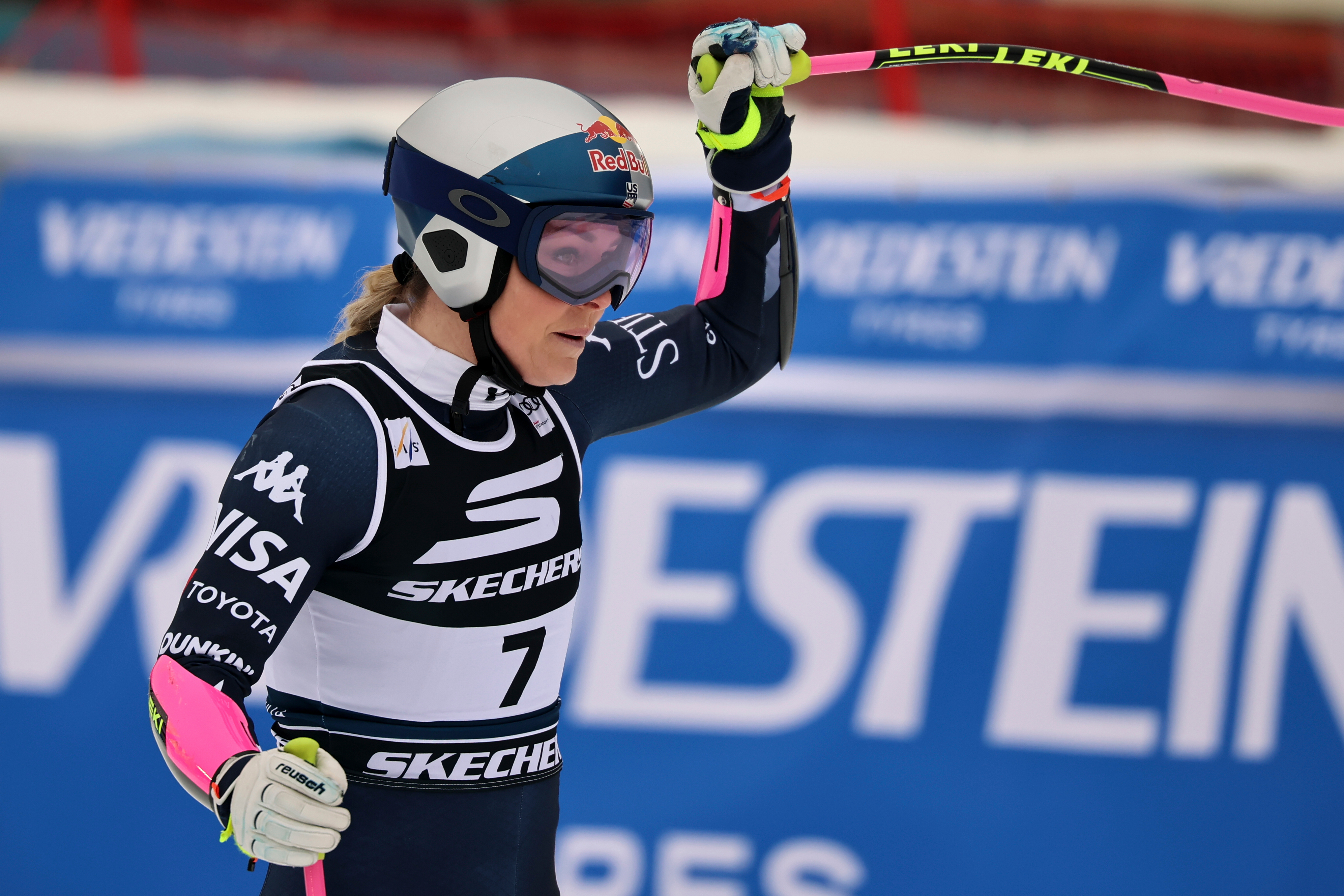 United States' Lindsey Vonn celebrates at the finish area of an alpine ski, women's World Cup Super G, in Tarvisio, Italy, Sunday, Jan. 18, 2026. 