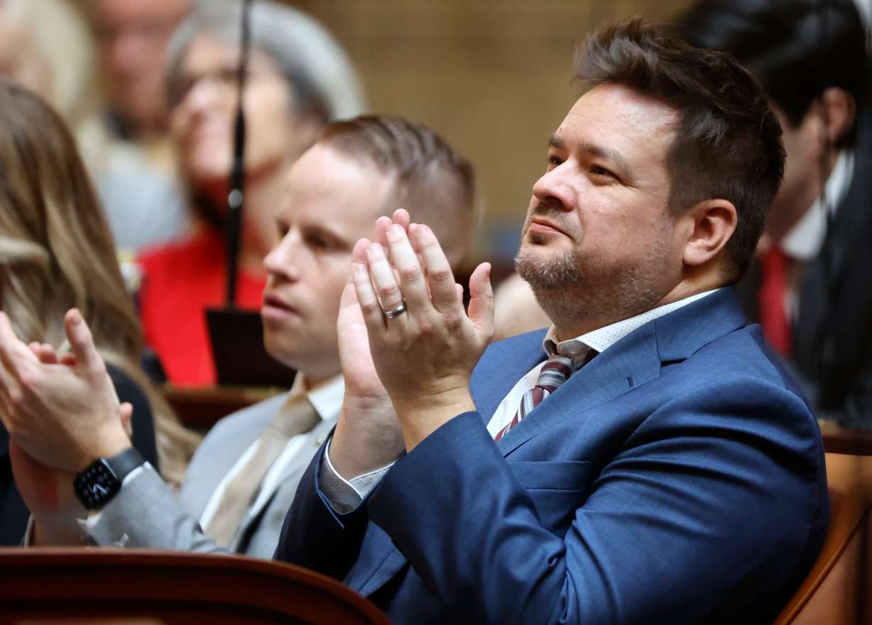 Rep. Matt MacPherson, R-West Valley City, applauds a speaker during the first day of the general legislative session in the House chamber at the Capitol in Salt Lake City on Jan. 16, 2024. MacPherson introduced a bill establishing a special constitutional court on Wednesday.