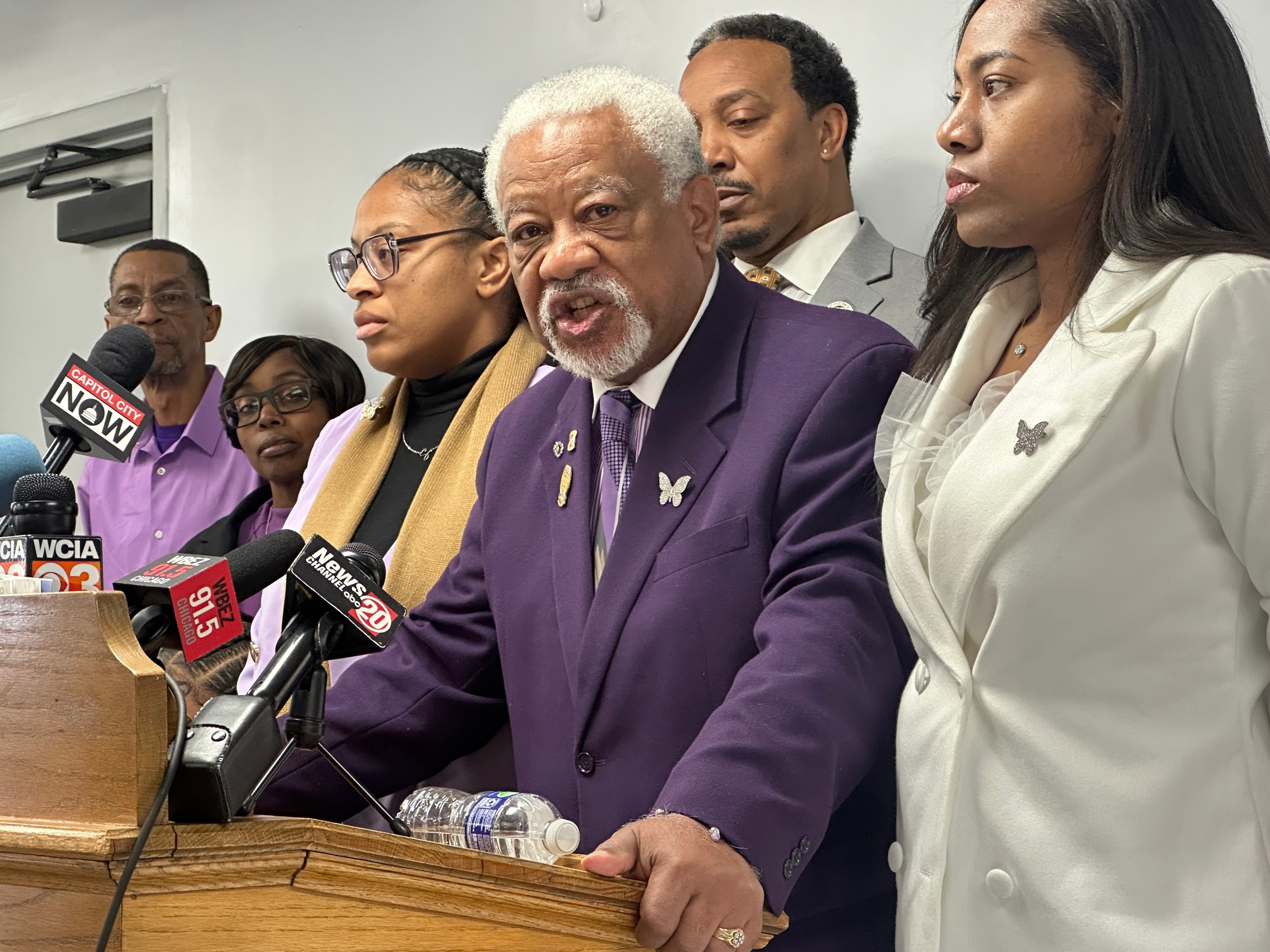 James Wilburn, father of Sonya Massey, reacts in Springfield, Ill., on Thursday to the 20-year sentence given to former Illinois sheriff's deputy Sean Grayson for the July 6, 2024, shooting of Massey in her home. Massey's family had long argued for the maximum sentence for Grayson.