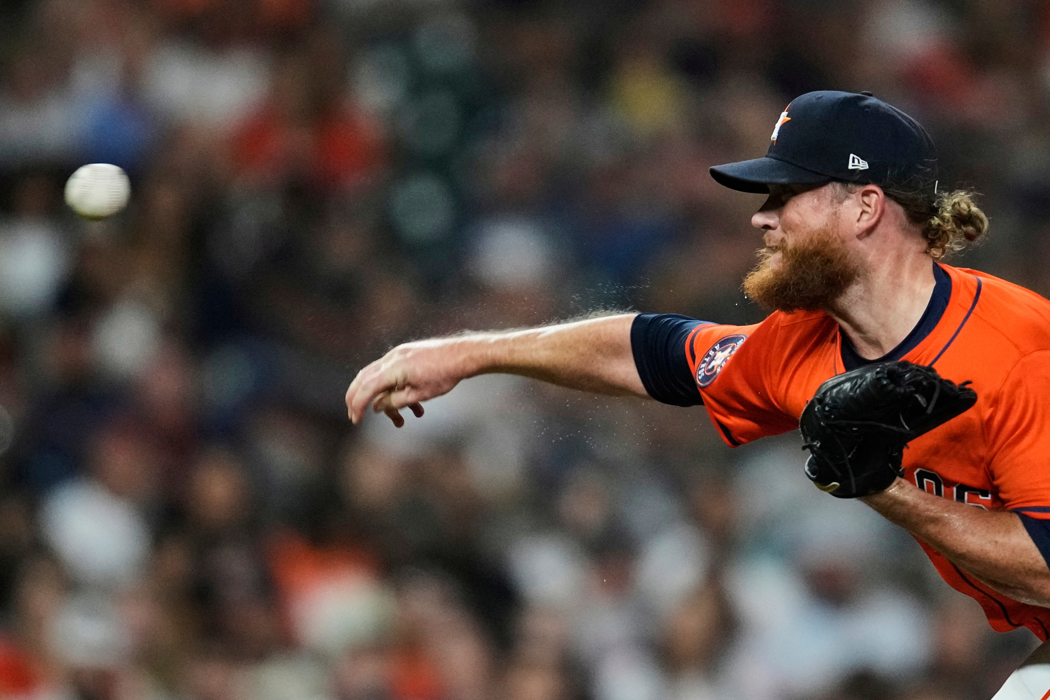 FILE - Houston Astros relief pitcher Craig Kimbrel throws during the eighth inning of a baseball game against the Los Angeles Angels in Houston, Aug. 29, 2025. 