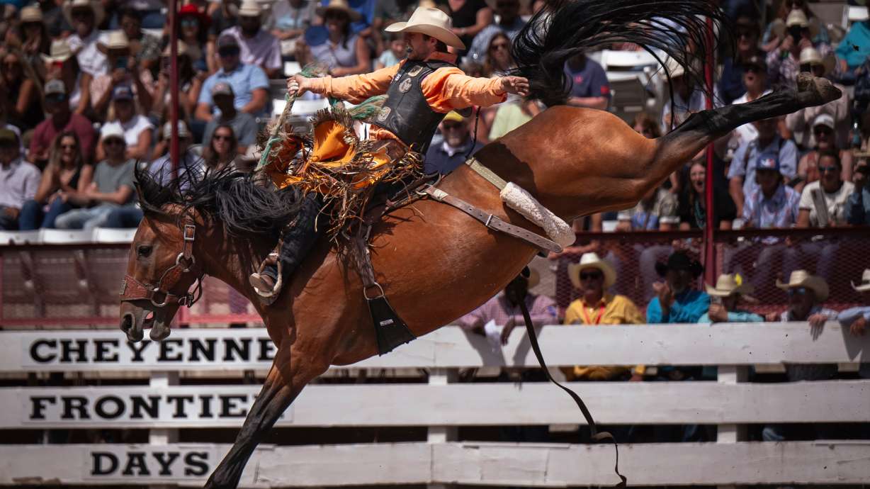 FILE - Brody Cress, of Hillsdale, Wyo., competes in saddle bronc riding during the 129th anniversary Cheyenne Frontier Days Rodeo on Championship July 27, 2025, in Frontier Park Arena.