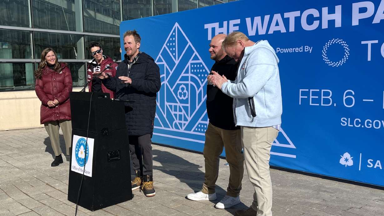 Former Olympic Alpine skier and current Olympic broadcaster Ted Ligety speaks at an event promoting "the watch party" outside of the Salt Lake Main Library Thursday. The city plans to host a free Olympic watch party in the area beginning Feb. 6.