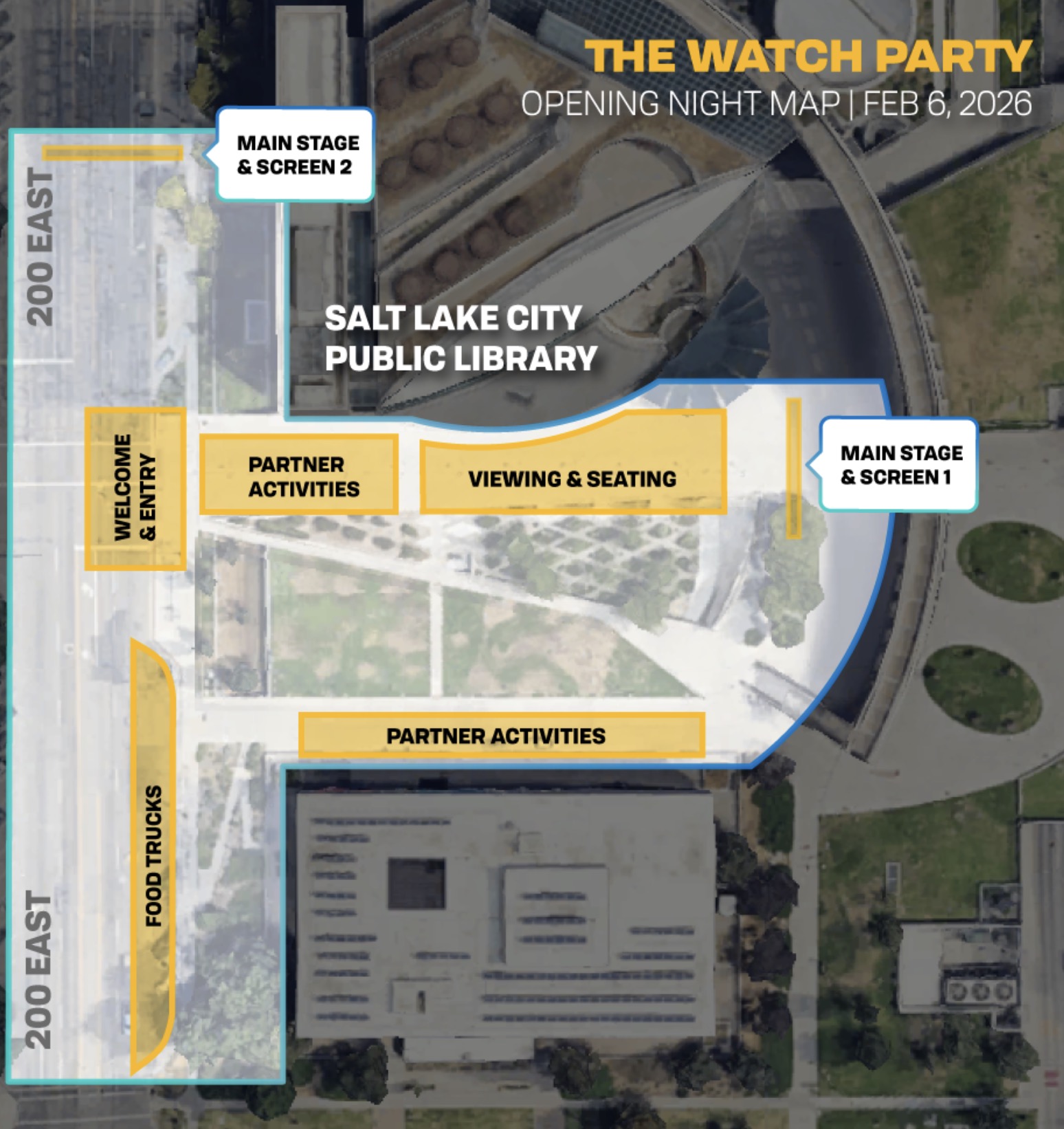 This map shows the planned setup for "The Watch Party" during the Opening Ceremony of the Milano Cortina 2026 Games on Feb. 6 in Salt Lake City. A smaller setup in the area is planned for people to watch Olympic and Paralympic events through March 15.