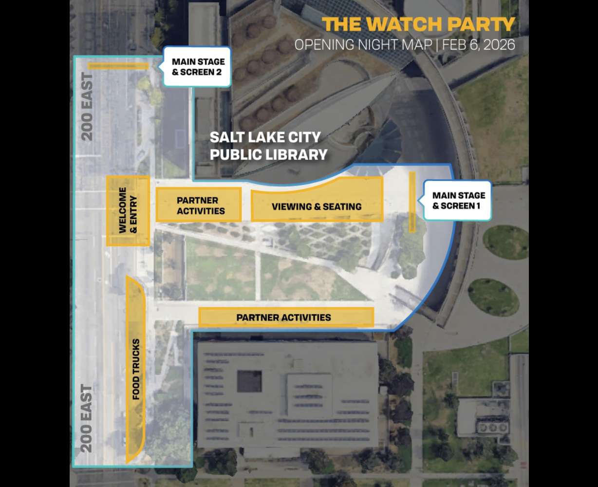 This map shows the planned setup for "The Watch Party" during the Opening Ceremony of the Milano Cortina 2026 Games on Feb. 6 in Salt Lake City. A smaller setup in the area is planned for people to watch Olympic and Paralympic events through March 15.