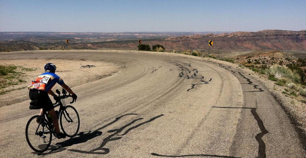 Hugh Newton of Steamboat Springs, Colo., cruises down from the La Sal mountains on his descent to Moab, during the Grand Fondo Moab bike race May 7, 2011.