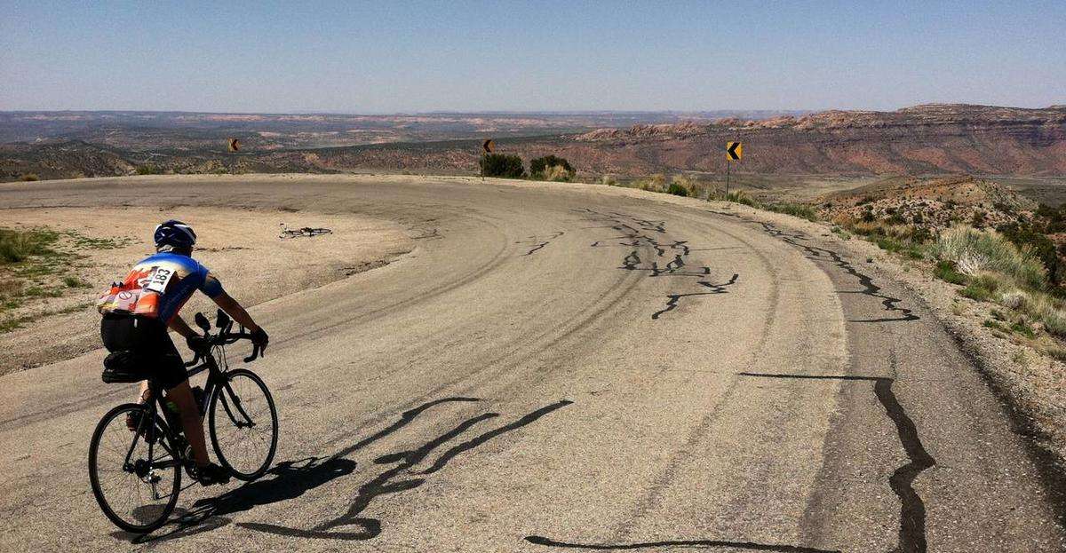 Hugh Newton of Steamboat Springs, Colo., cruises down from the La Sal mountains on his descent to Moab, during the Grand Fondo Moab bike race May 7, 2011.