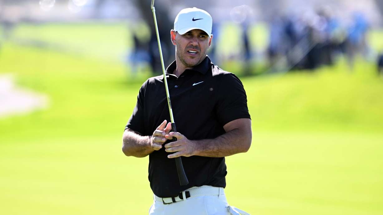 Brooks Koepka reacts after missing a birdie putt on the fourth hole on the South Course at Torrey Pines during the first round of the Farmers Insurance Open golf tournament Thursday, Jan. 29, 2026, in San Diego.