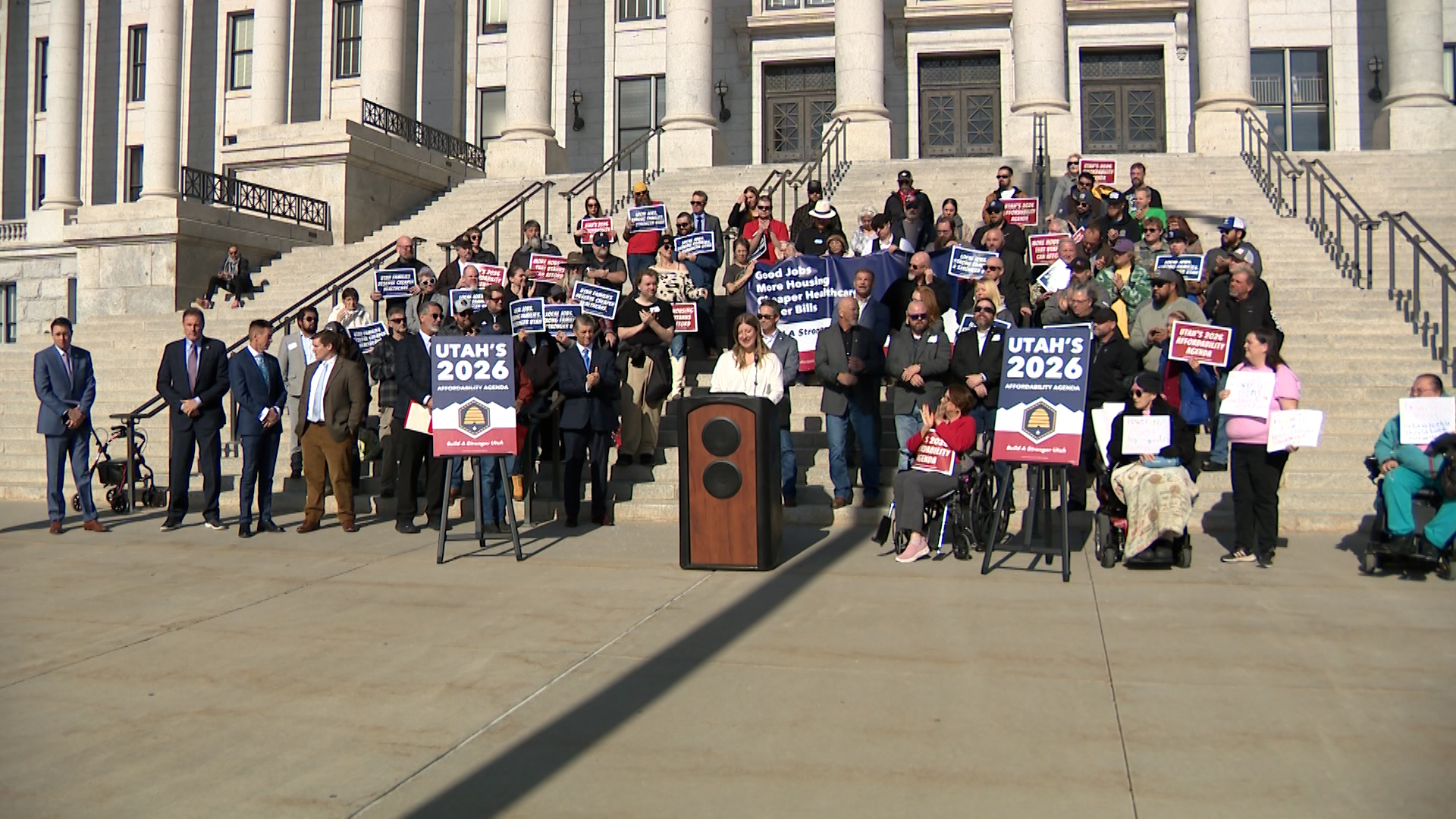 People attend a rally outside the Utah Capitol on Thursday to urge lawmakers to focus on the high cost of living. United Today, Stronger Tomorrow organized the rally.
