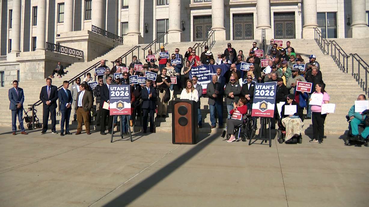 People attend a rally outside the Utah Capitol on Thursday to urge lawmakers to focus on the high cost of living. United Today, Stronger Tomorrow organized the rally.