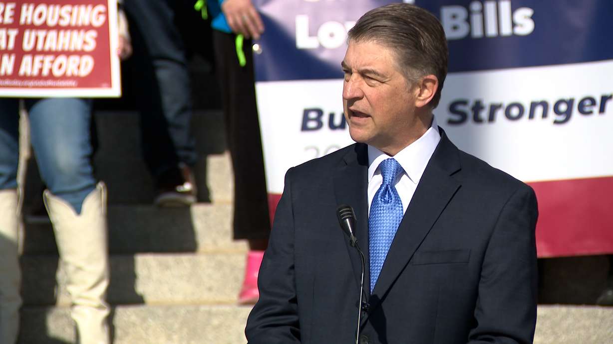 The Rev. Dr. Curtis Price of the First Baptist Church of Salt Lake City speaks outside the Utah Capitol on Thursday. Price sought an optimistic tone about the future of the state's cost of living challenges.