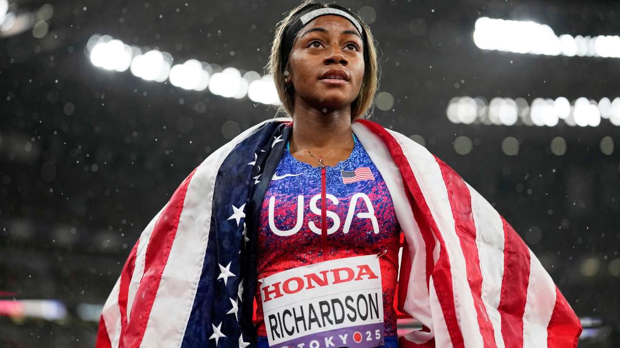 FILE - United States' Sha'Carri Richardson looks on after winning the gold medal in the women's 4 X 100 meters relay at the World Athletics Championships in Tokyo, Sept. 21, 2025.