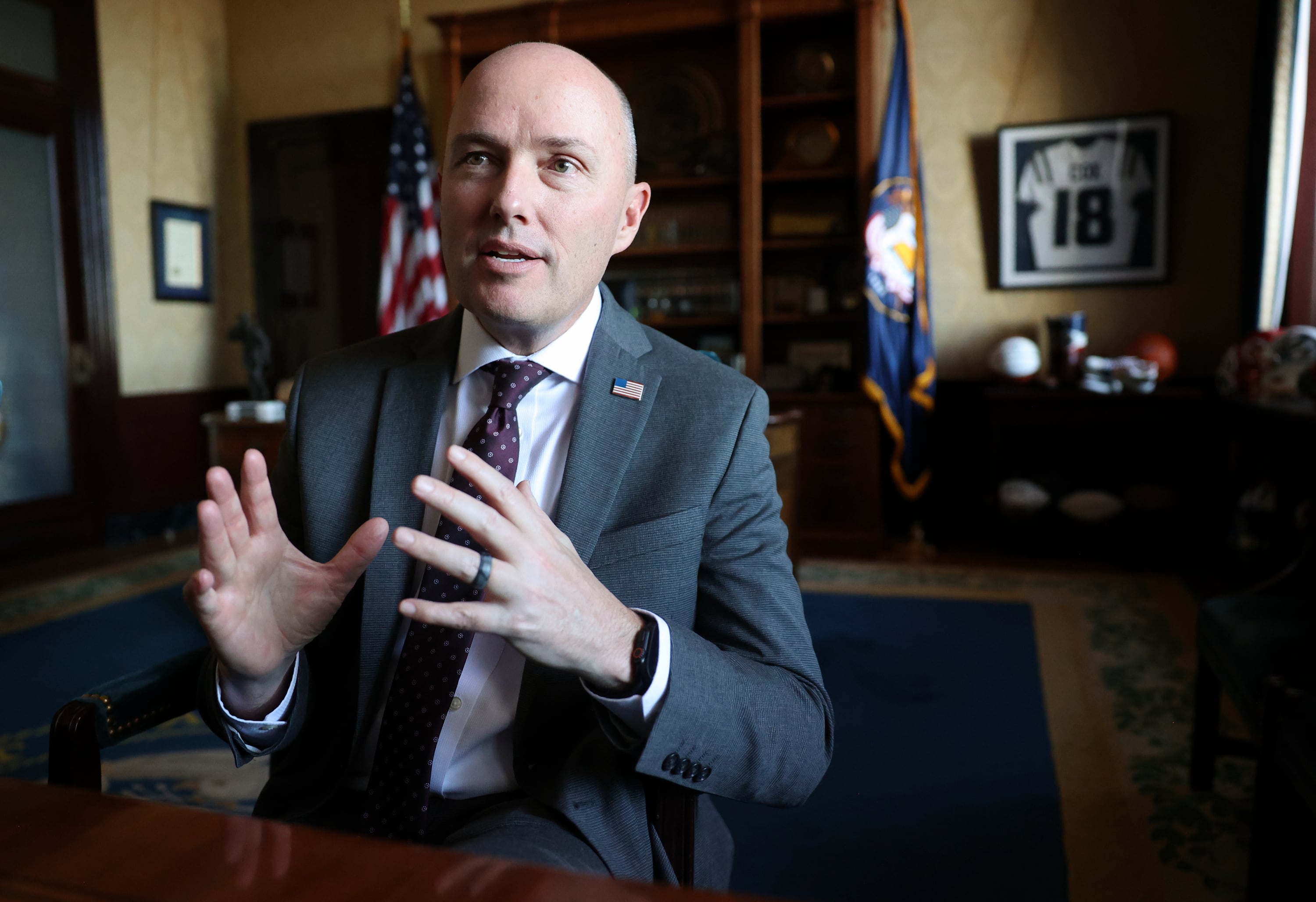Gov. Spencer Cox answers interview questions in his office on the opening day of the 2026 legislative session at the Capitol in Salt Lake City on Tuesday, Jan. 20, 2026.