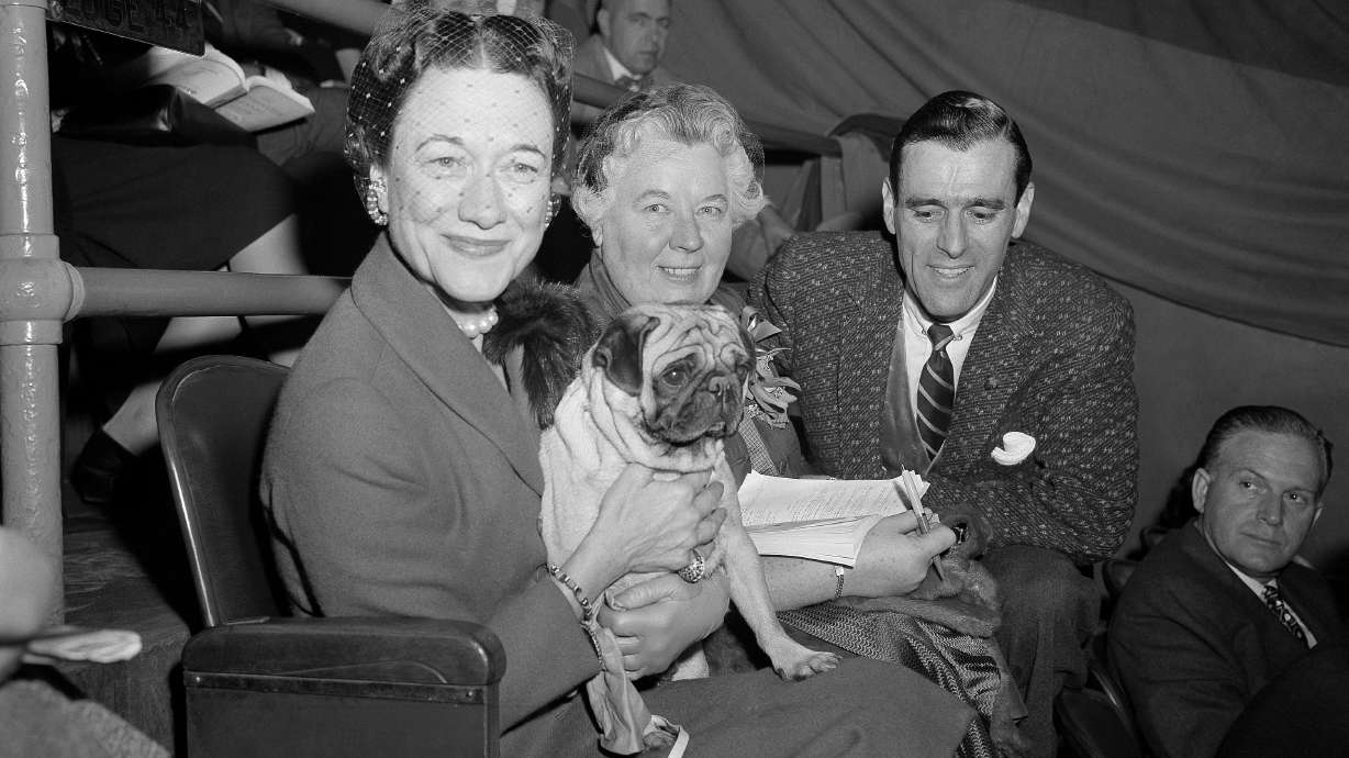 Wallis Simpson, left, holds Ch. Pugville's Golden Victory during the Westminster Kennel Club Show at Madison Square Garden in New York, Feb. 13, 1956, as the dog's owner, Arnold Canton, far right, and Harriet Smith look on.