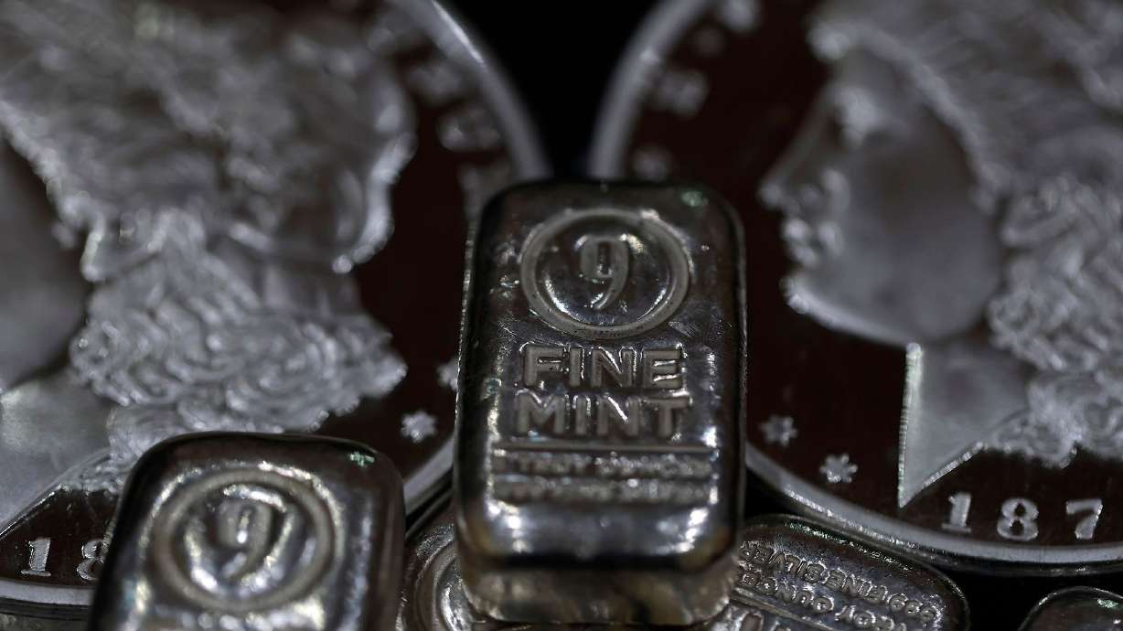 Silver bars are displayed at Polyak Precious Metals on Jan. 14, in San Francisco, Calif. The price of silver surged 141% in 2025 as investors sought out safe haven investments.