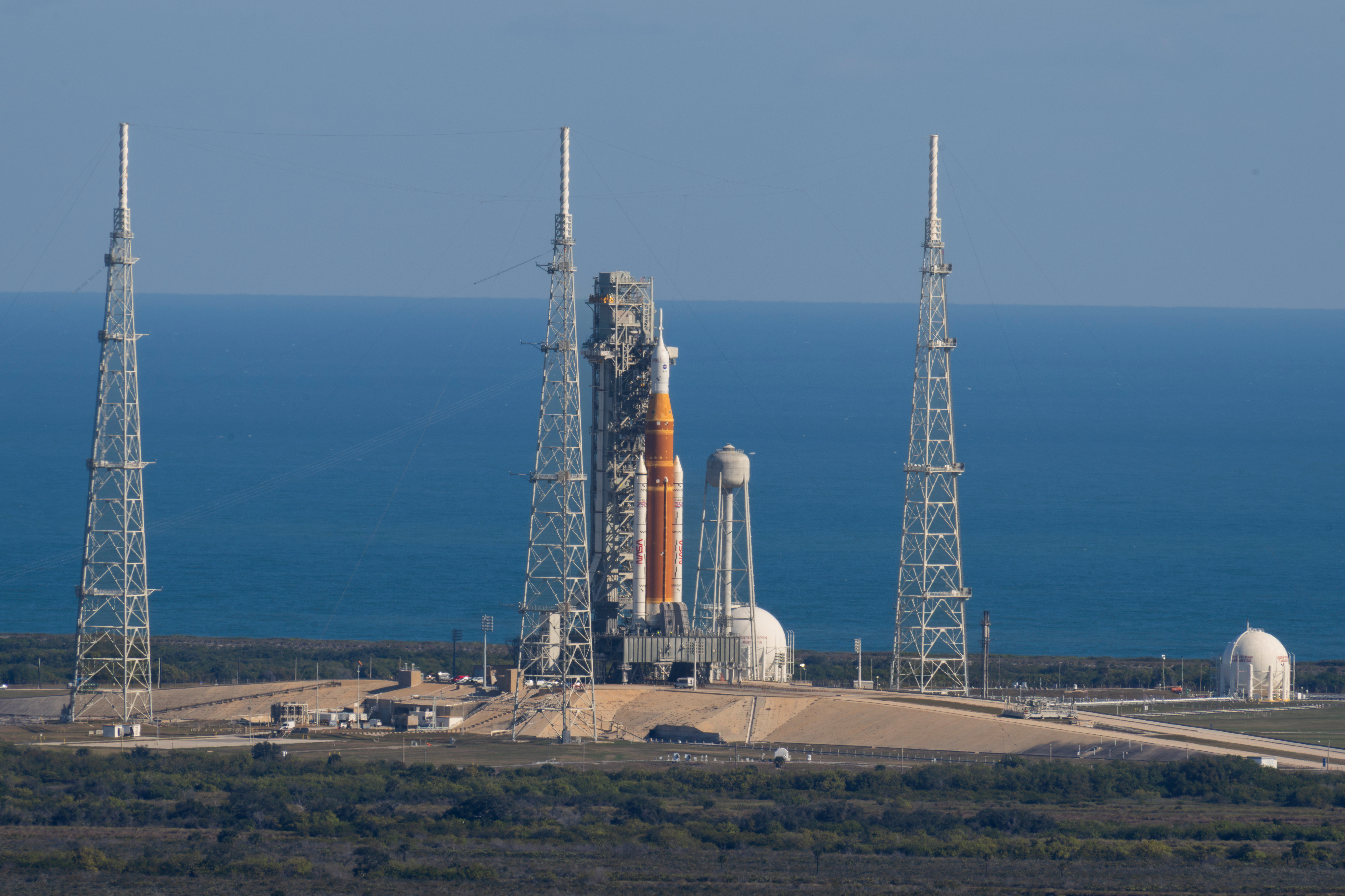 The Artemis II SLS (Space Launch System) rocket with the Orion spacecraft atop a mobile launcher at Launch Complex 39B, Thursday, at NASA's Kennedy Space Center in Florida. 
