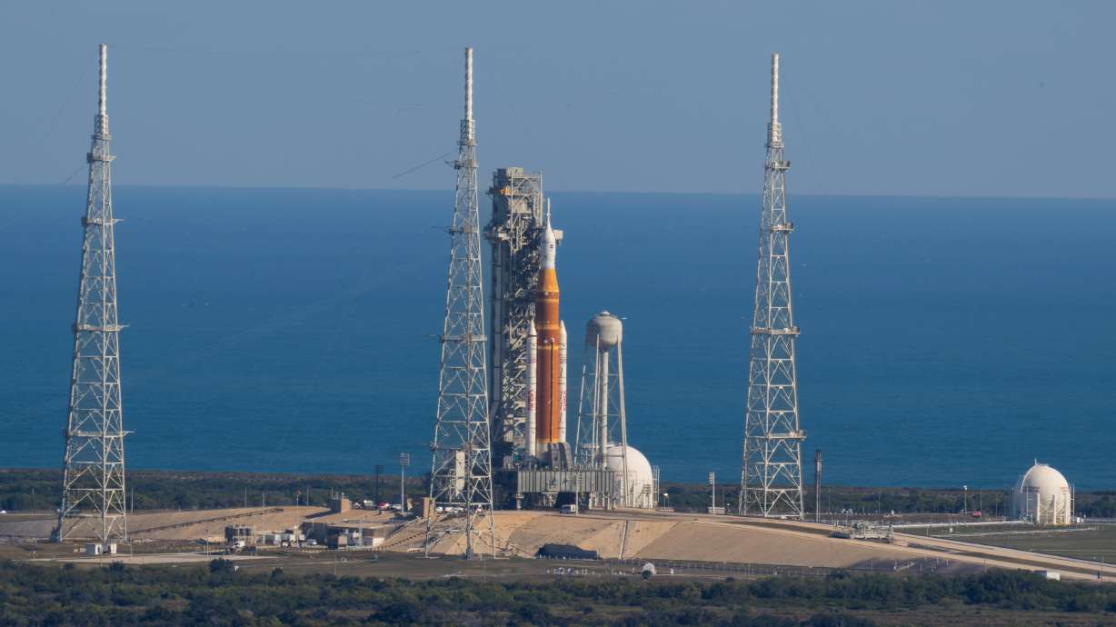 The Artemis II SLS (Space Launch System) rocket with the Orion spacecraft atop a mobile launcher at Launch Complex 39B, Thursday, at NASA's Kennedy Space Center in Florida.