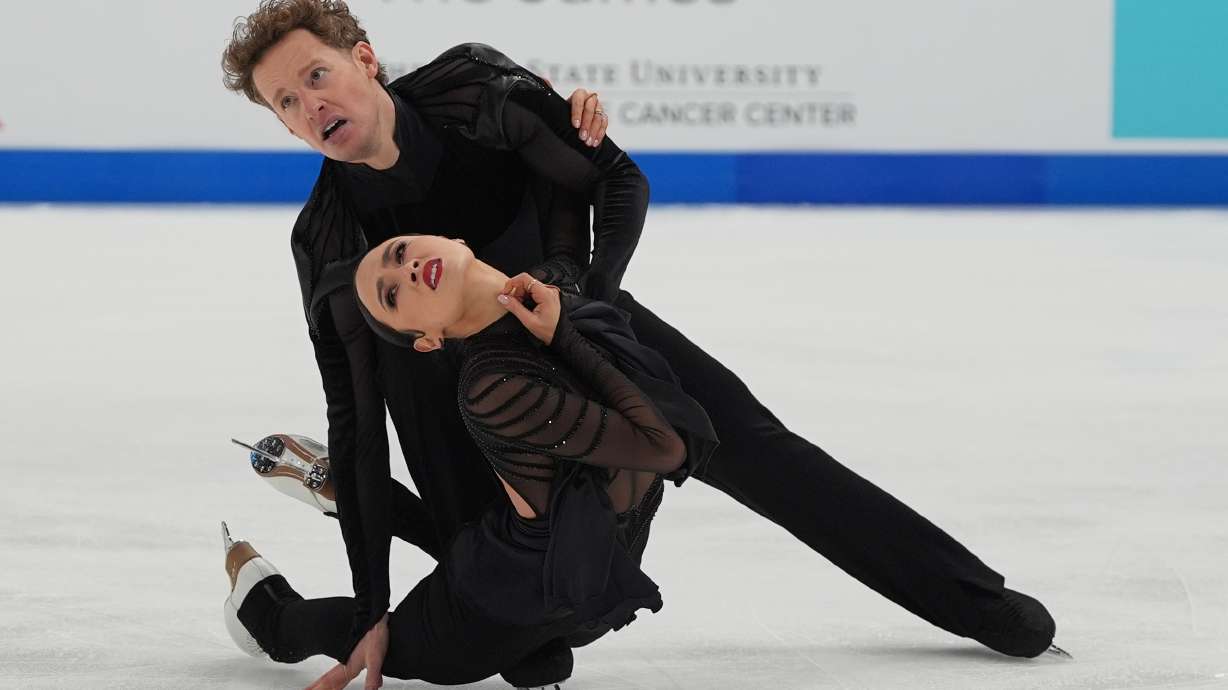 Madison Chock and Evan Bates skate during the free dance competition at the U.S. Figure Skating Championships, Saturday, Jan. 10, 2026, in St. Louis.