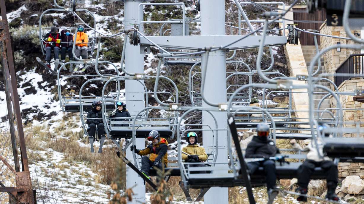Skiers and snowboarders ride Park City Mountain Resort’s Town Lift near Main Street in Park City on Jan. 2. Utah experienced a large drop in skier visits this season, which experts attribute to the state's record-low snowpack.