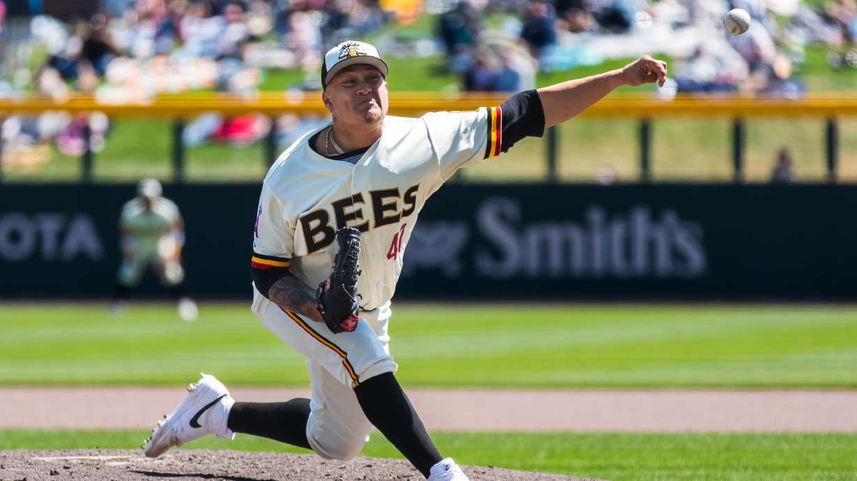 Salt Lake Bees pitcher Victor Gonzalez hurls a pitch during a Salt Lake Bees afternoon game against the Reno Aces on April 13, 2025. The team announced Friday that they will have some Sunday afternoon games, but most will be played in the evening this season.