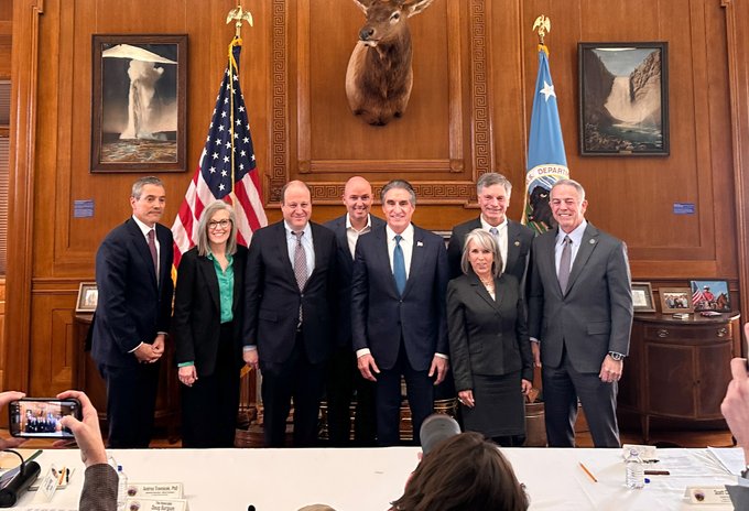 Leaders of the Colorado River Basin states pose for a photo with Interior Secretary Doug Burgum on Friday. The seven states met in Washington, D.C., to discuss a new Colorado River deal.