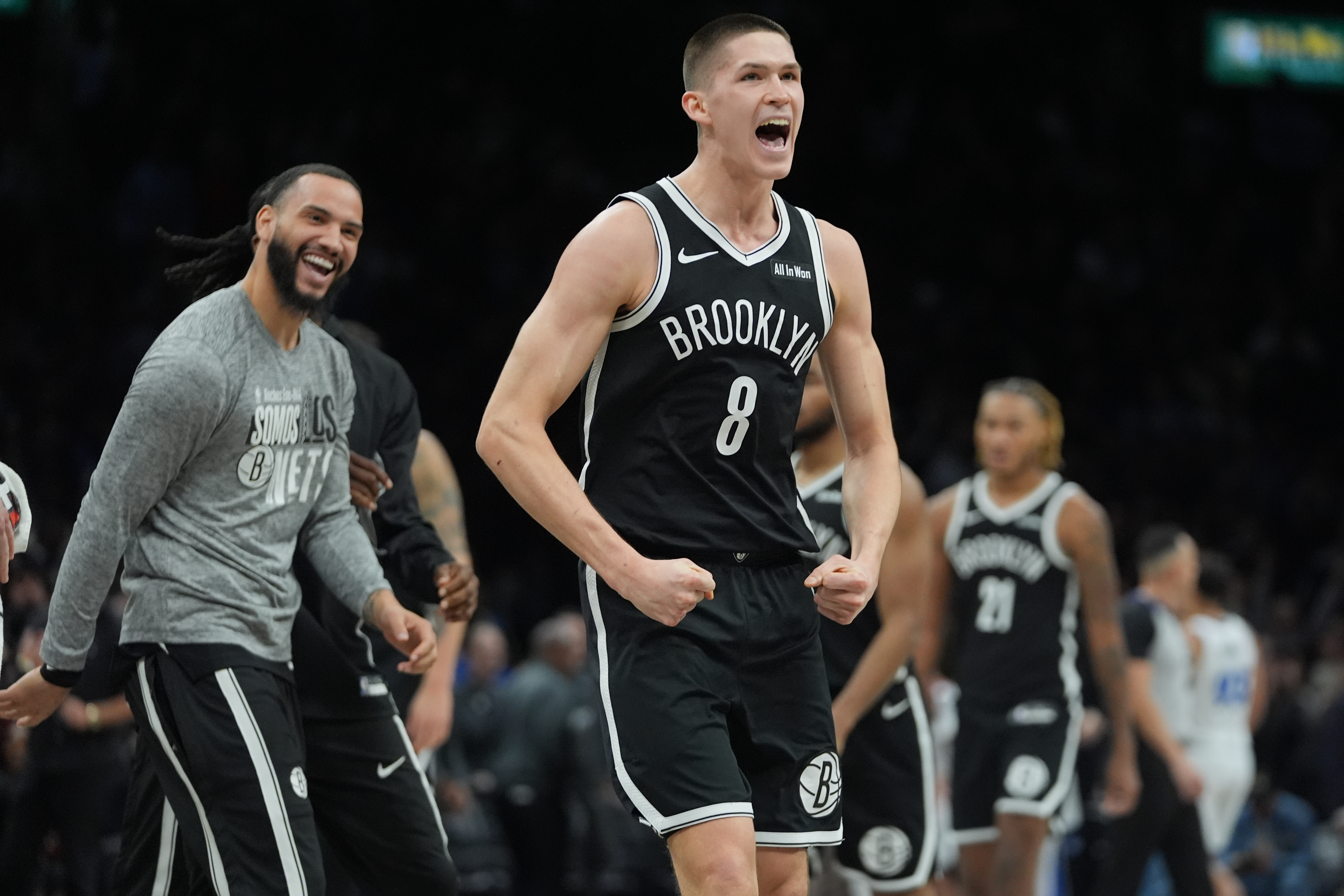 Brooklyn Nets' Egor Demin (8) celebrates after making a three-point shot during the second half of an NBA basketball game against the Orlando Magic Wednesday, Jan. 7, 2026, in New York. 