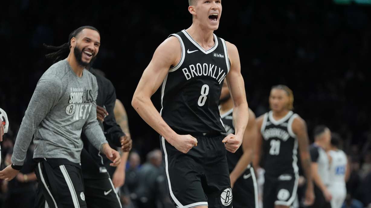 Brooklyn Nets' Egor Demin (8) celebrates after making a three-point shot during the second half of an NBA basketball game against the Orlando Magic Wednesday, Jan. 7, 2026, in New York.
