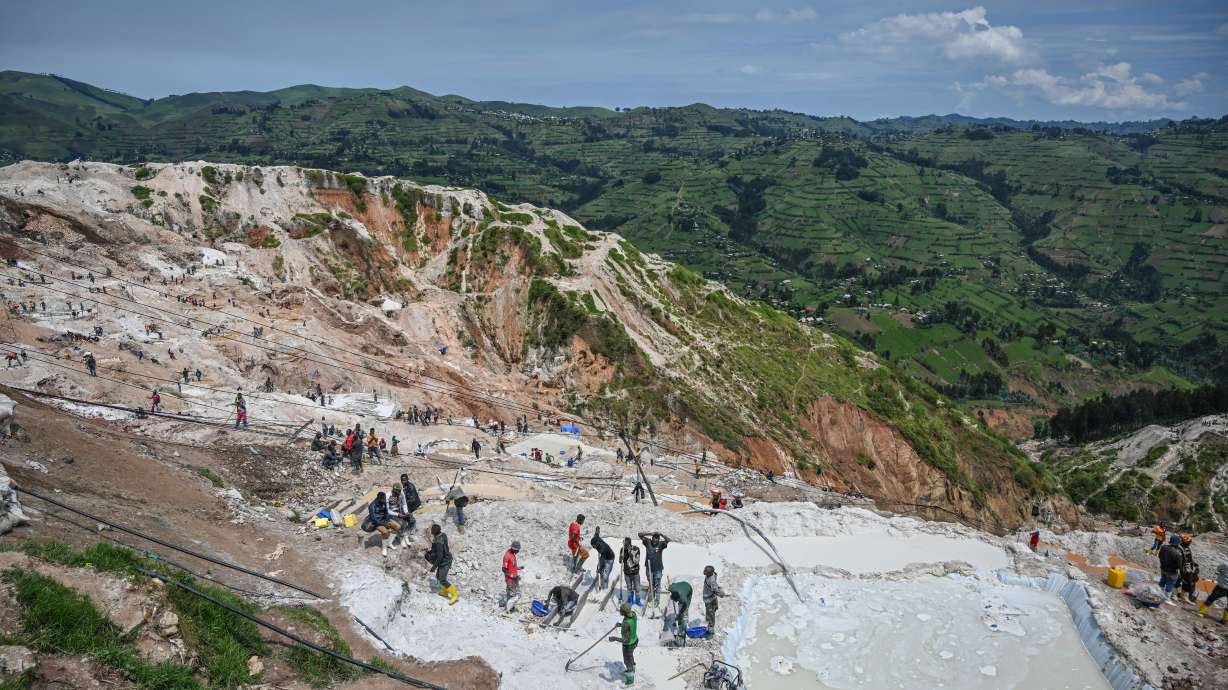 Miners work at the D4 Gakombe coltan mining quarry in Rubaya, Congo, May 9, 2025. Rebel authorities in eastern Congo say at least 200 people were killed in a landslide on Wednesday at coltan mines.
