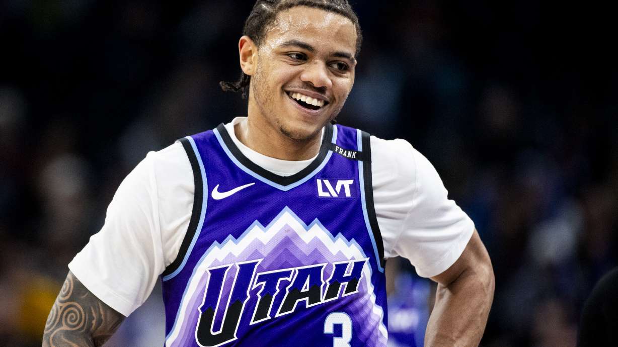 Utah Jazz guard Keyonte George (3) smiles after a play during an NBA game against the Brooklyn Nets held at the Delta Center in Salt Lake City on Friday, Jan. 30, 2026.