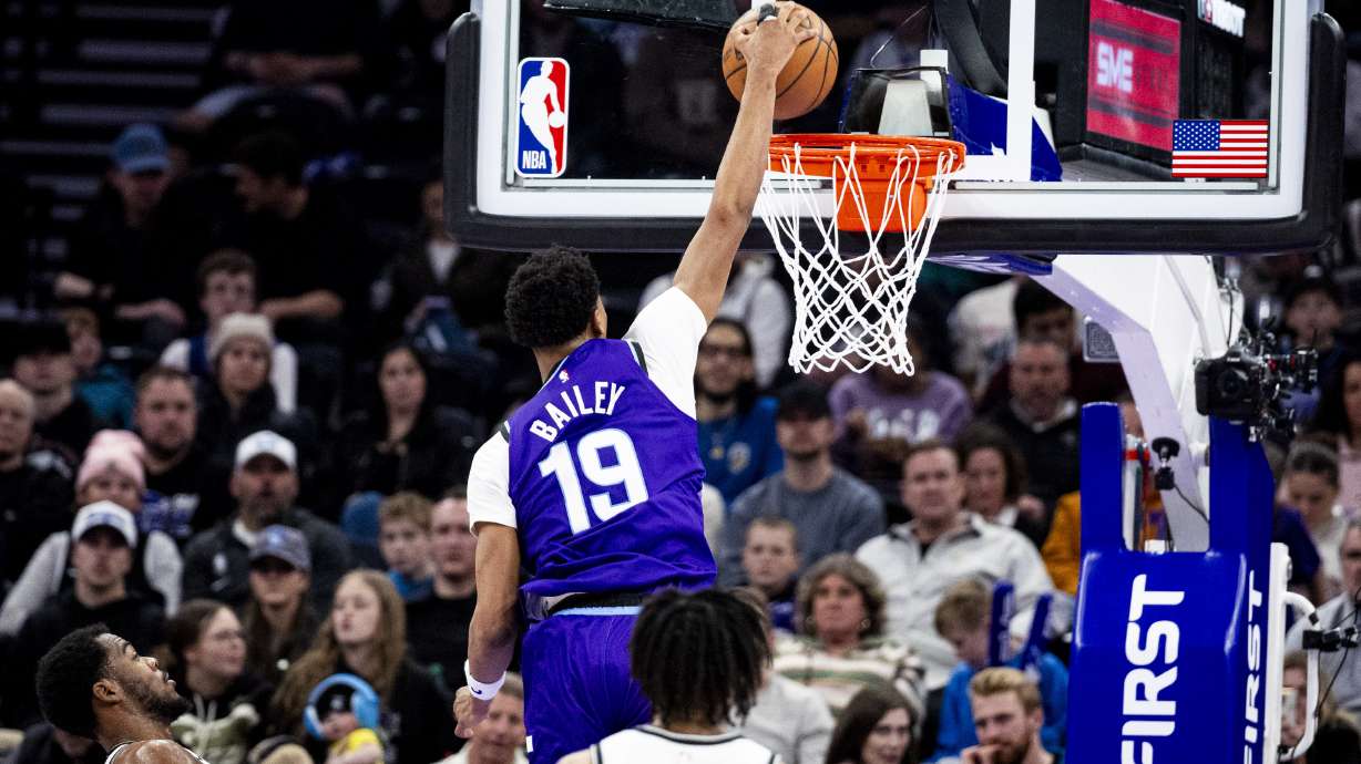 Utah Jazz forward Ace Bailey (19) dunks the ball during an NBA game against the Brooklyn Nets held at the Delta Center in Salt Lake City on Friday, Jan. 30, 2026.