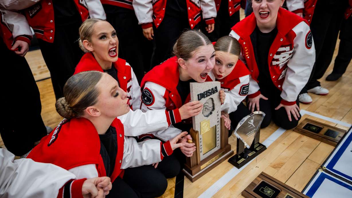 South Sevier celebrates after winning in the 2A drill team state finals at the UCCU Center at Utah Valley University in Orem on Friday, Jan. 30, 2026.