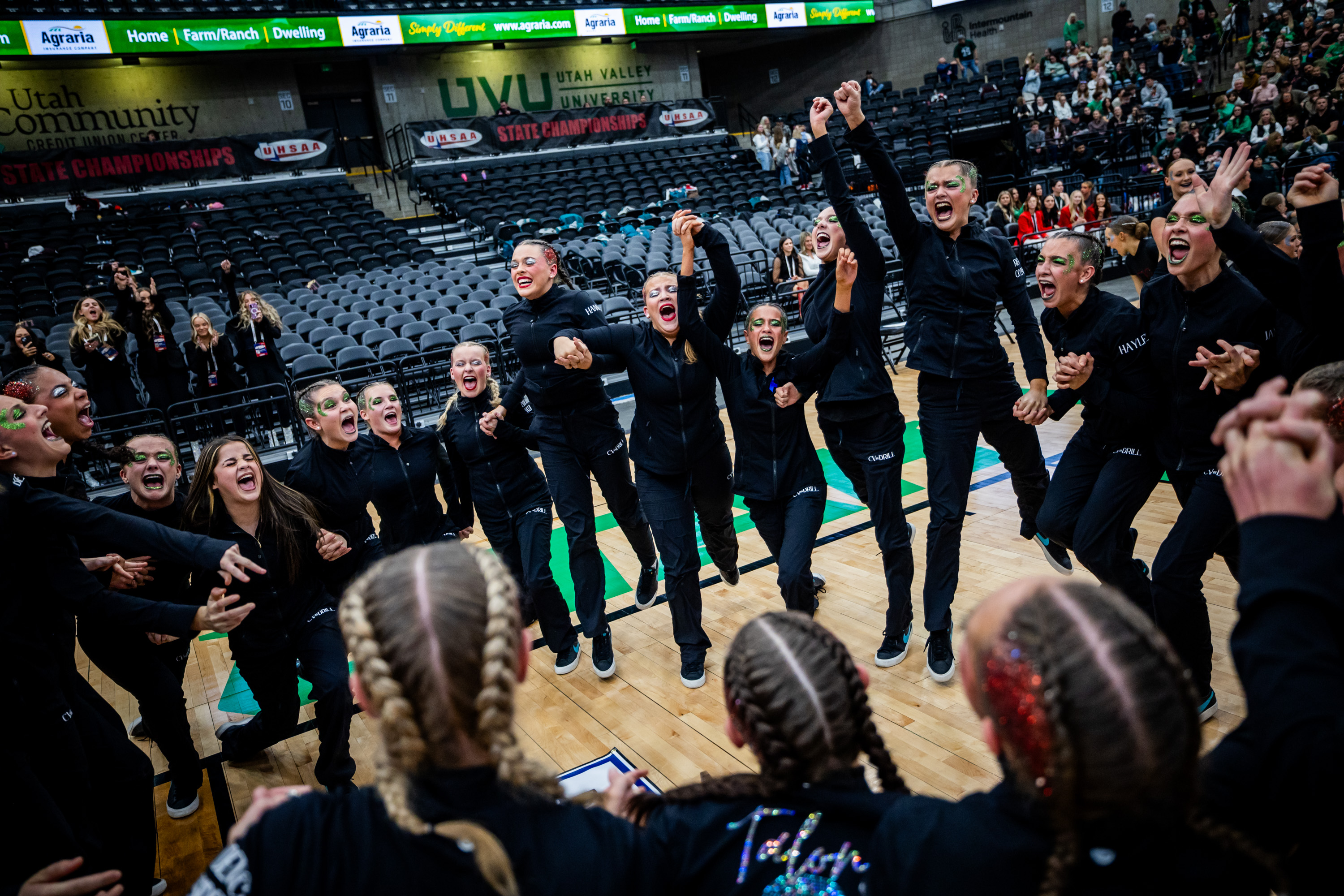 Canyon View celebrates after winning in the 3A drill team state finals at the UCCU Center at Utah Valley University in Orem on Friday, Jan. 30, 2026.