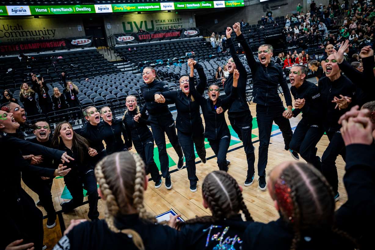 Canyon View celebrates after winning in the 3A drill team state finals at the UCCU Center at Utah Valley University in Orem on Friday, Jan. 30, 2026.