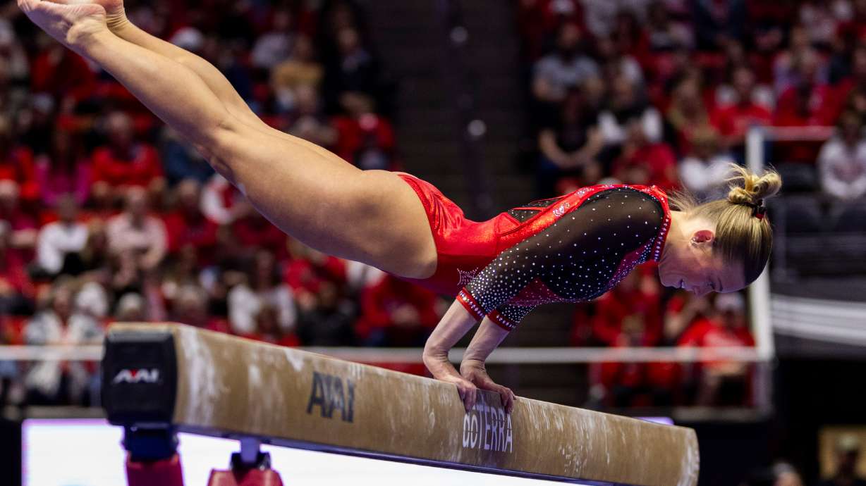 Utah’s Avery Neff competes on the balance beam during a dual meet against the Arizona State Sun Devils at the Jon M. Huntsman Center in Salt Lake City on Friday, Jan. 30, 2026.
