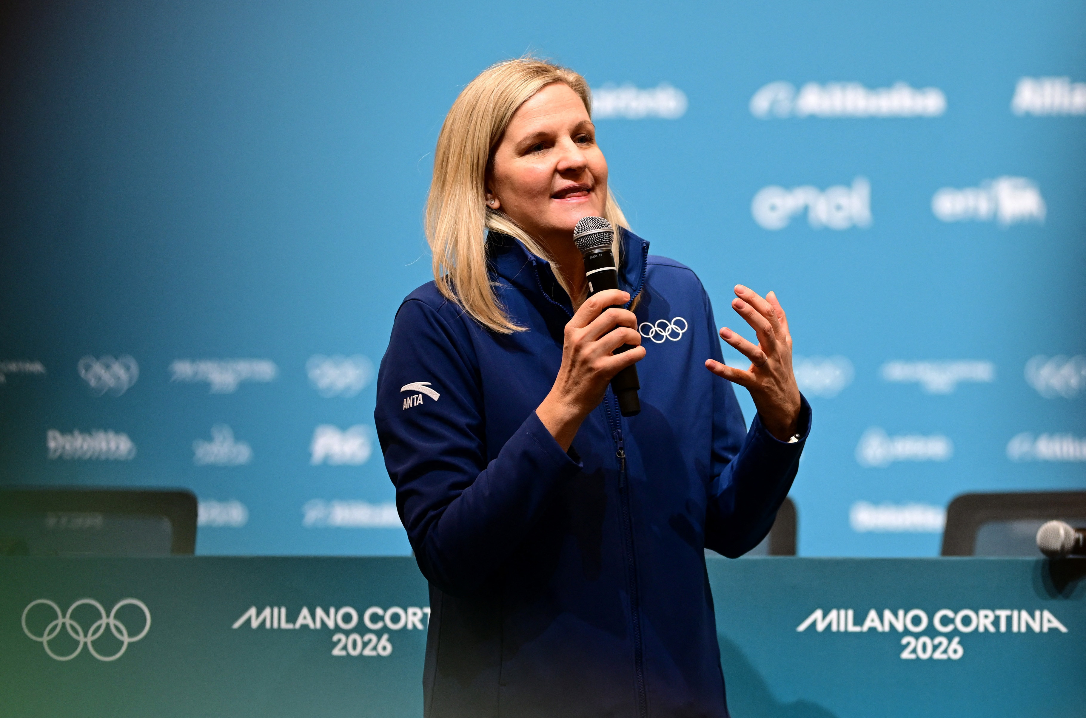 IOC President Kirsty Coventry speaks to volunteers, ahead of the 2026 Winter Olympics, in Milan, Italy, Thursday, Jan. 29, 2026. 