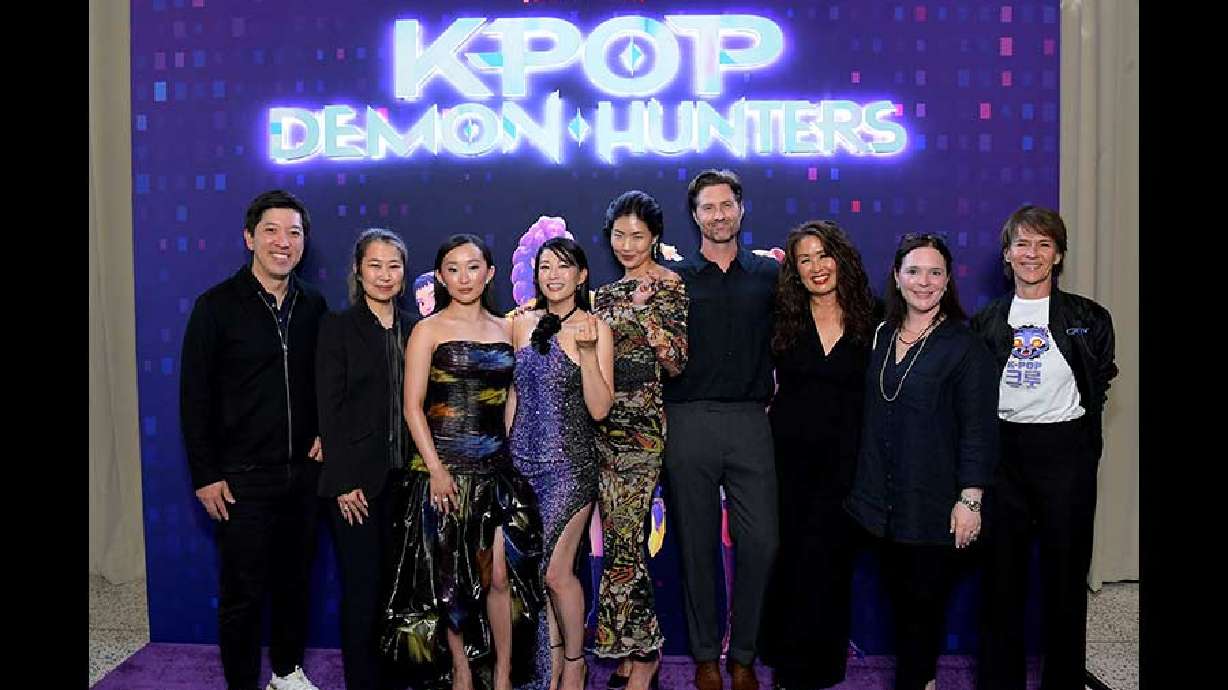Chris Appelhans, fourth from right, with the cast of "Kpop Demon Hunters." The filmmaker from Idaho Falls makes up half the writing and directing team for Netflix's "most-watched original title."