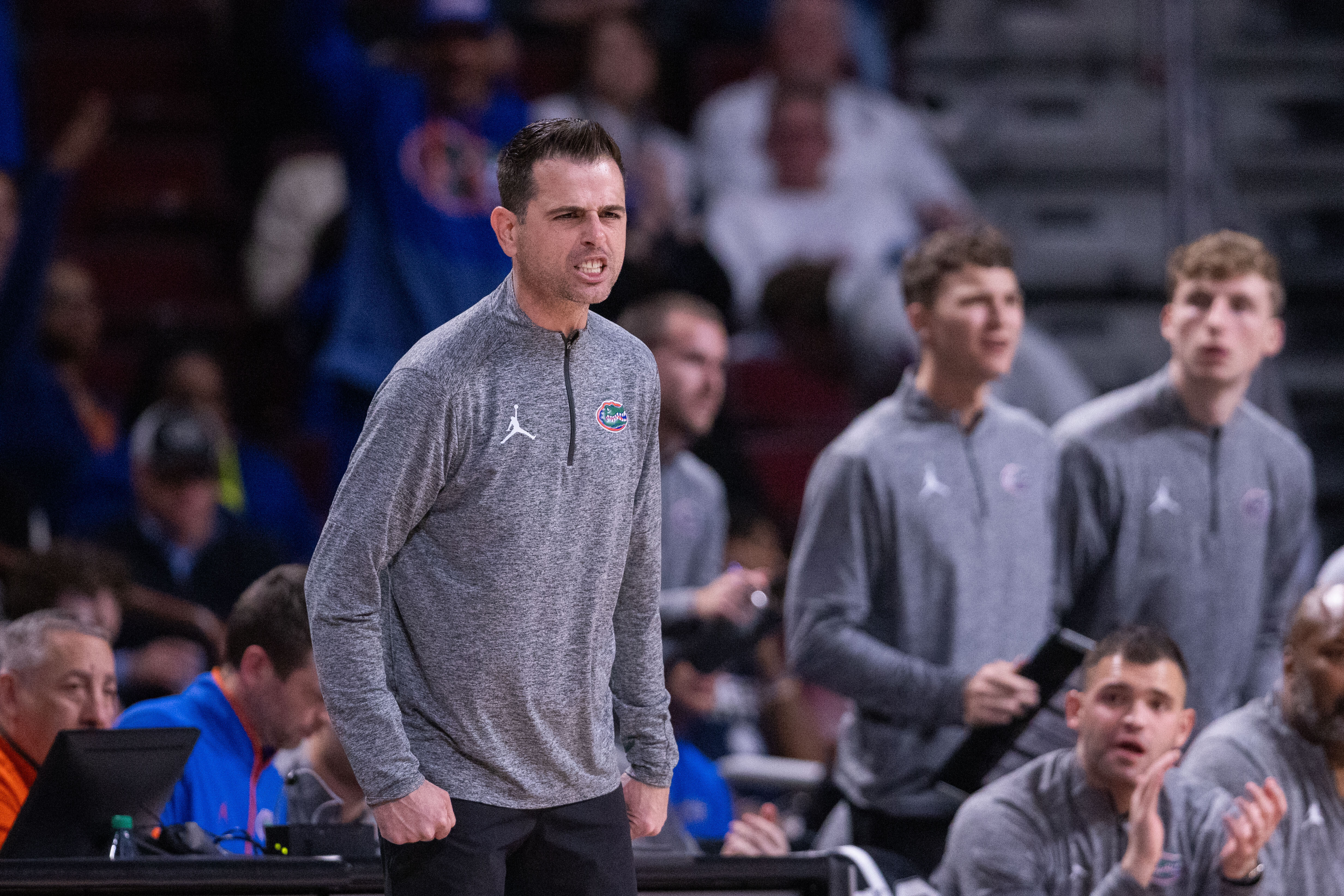 Florida head coach Todd Golden reacts during the first half against South Carolina in an NCAA college basketball game Wednesday, Jan. 28, 2026, in Columbia, S.C. 
