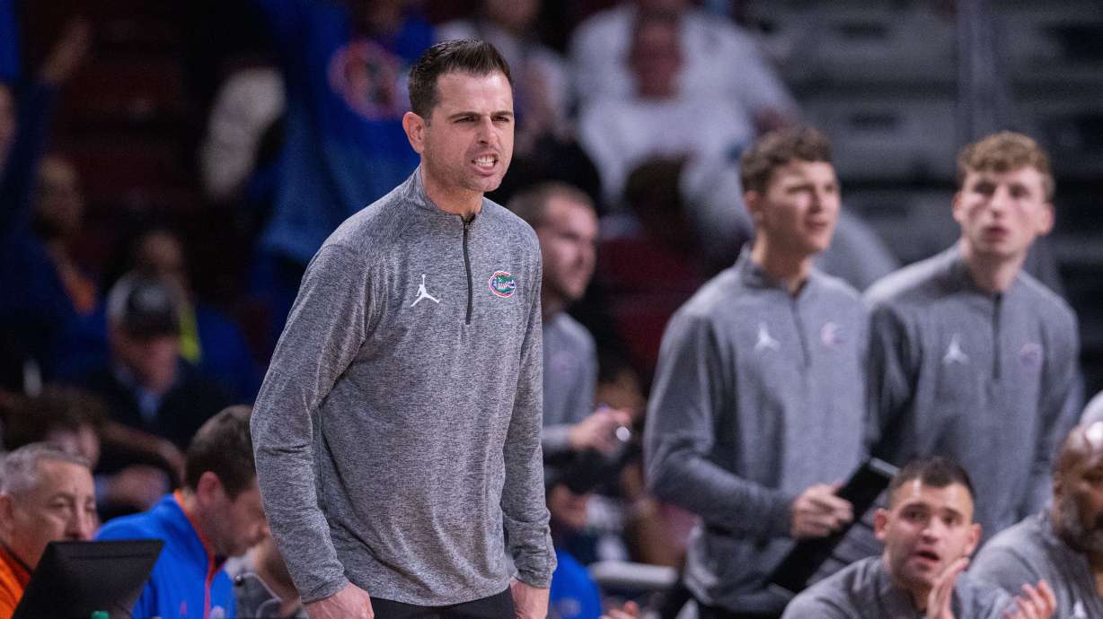 Florida head coach Todd Golden reacts during the first half against South Carolina in an NCAA college basketball game Wednesday, Jan. 28, 2026, in Columbia, S.C.