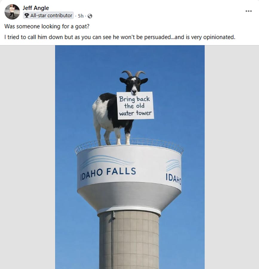 A humorous Facebook post on the lost goat in Idaho Falls. The owner said she expects plenty of visitors to see the goat come the summer.