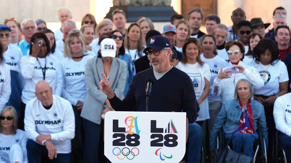Casey Wasserman, LA28 Chairperson and President, speaks at the Los Angeles Memorial Coliseum ahead of the launch for ticket registration to the 2028 Summer Olympic Games Tuesday, Jan. 13, 2026, in Los Angeles.