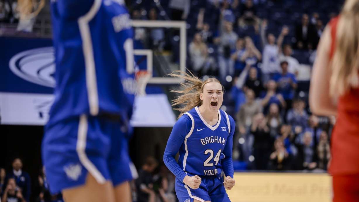 BYU's Brinley Cannon celebrates a play during the Cougars' 77-65 win over Utah, Saturday, Jan. 31, 2026 at the Marriott Center in Provo, Utah.