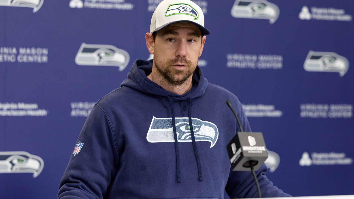 Seattle Seahawks offensive coordinator Klint Kubiak speaks during news conference at the team's facilities, Thursday, Jan. 22, 2026, in Seattle.