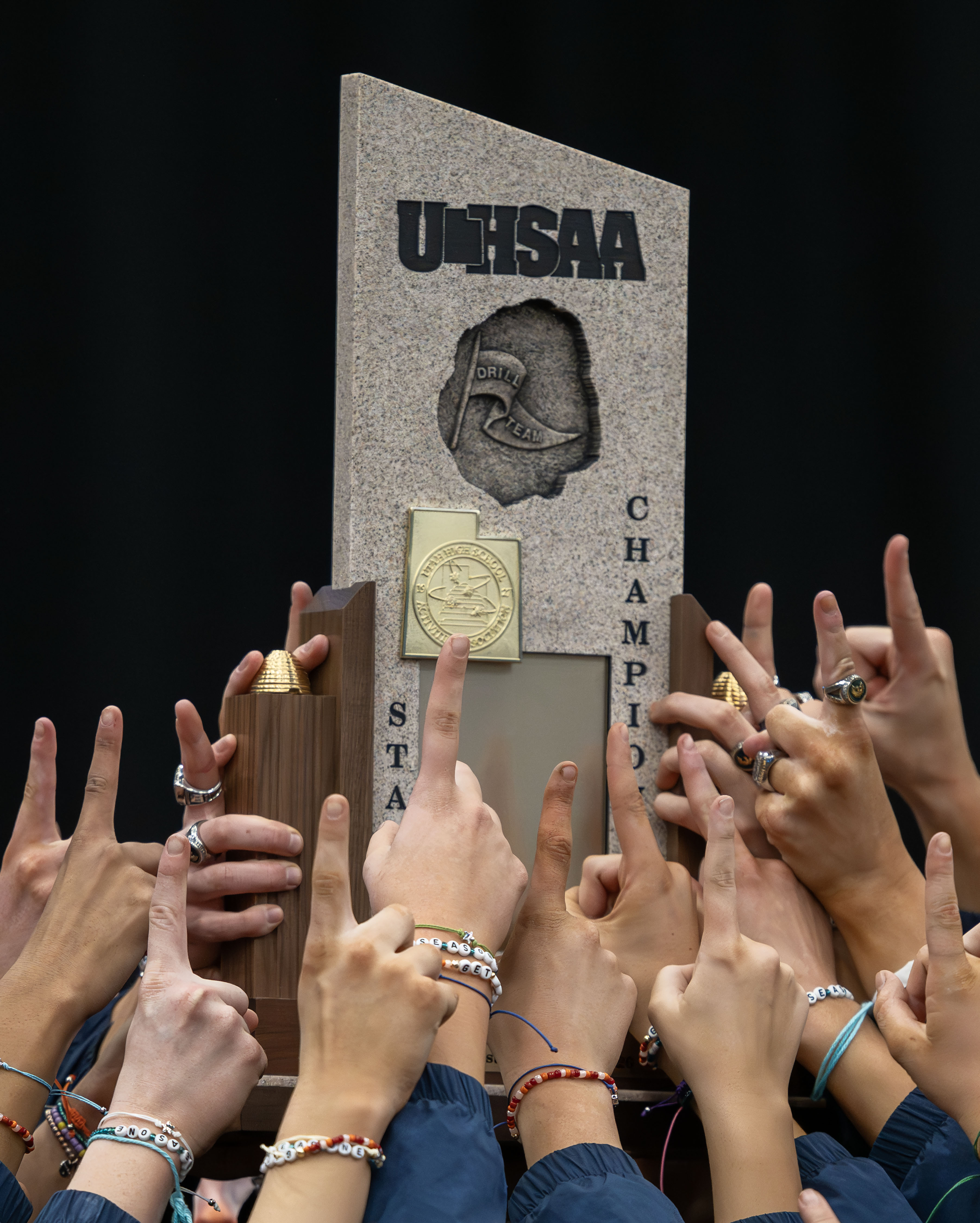 Farmington's Nixelles celebrated a third consecutive championship at the 6A drill team championship at the UCCU Center at Utah Valley University, Saturday, Jan. 31, 2026.