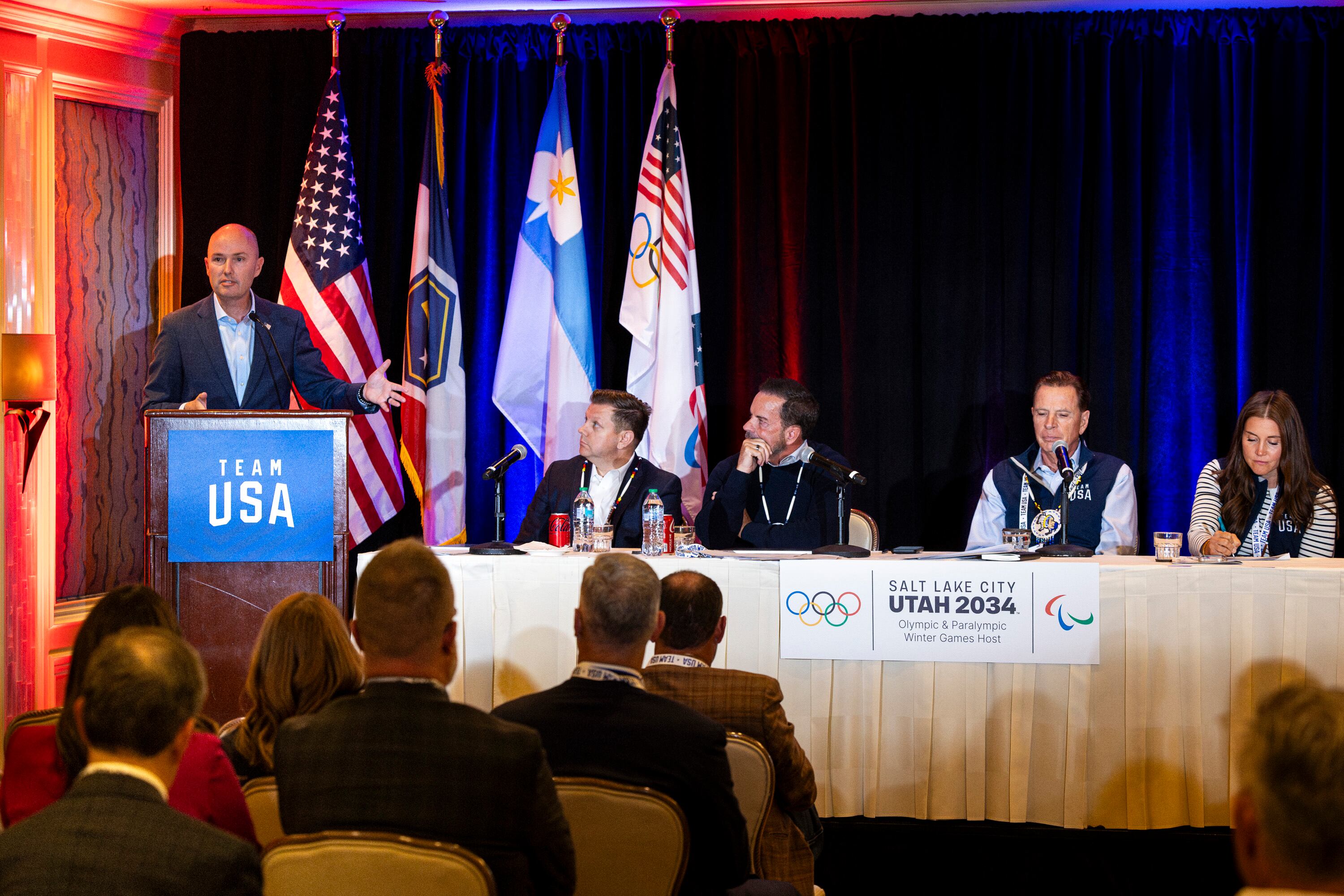Utah Gov. Spencer Cox speaks during a quarterly meeting of the steering committee for the Organizing Committee for the 2034 Olympic and Paralympic Winter Games held at The Little America Hotel in Salt Lake City on Sept. 24, 2025.